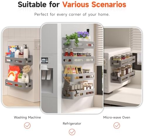 Sevenblue 4-Pack Magnetic Spice Rack for Refrigerator with Hooks, Grey
