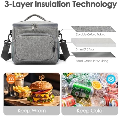 FlowFly Insulated Reusable Lunch Bag Adult Large Lunch Box for Women and Men with Adjustable Shoulder Strap,Front Zipper Pocket and Dual Large Mesh Side Pockets,Grey