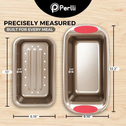 PERLLI Nonstick Meatloaf Pan with Drain Tray, Elevated Inner Pan for Fat and Grease Removal, Easy Grip Silicone Handles, Dishwasher Safe with Heavy-Duty Carbon Steel Bakeware for Even Heating (Brown)
