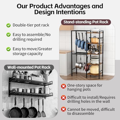 5-Tier Pot and Pan Organizer Rack with Hooks, Heavy-Duty Kitchen Storage Shelf for Cookware, Dishes, and Utensils, Freestanding Metal Pot Rack Organizer for Kitchen, Pantry, or Dining Room