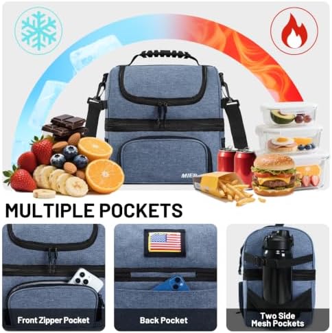 MIER Lunch Box for Men Dual Compartment Adult Lunch Bag for Work, Bluesteel