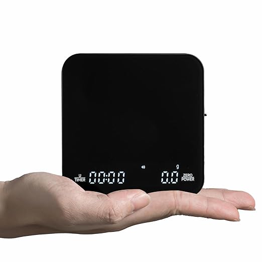 KitchenTour CaféMetric Coffee Scale with Timer 0.1g/2000g - Precision Scale for Espresso & Pour Over - Water Flow Speed Mode and Coffee Powder-to-Liquid Ratio Mode - Rechargeable, LED Display