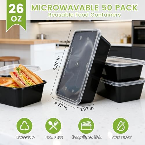 50-Pack Meal Prep Containers, Single Compartment with lids, 26 OZ.