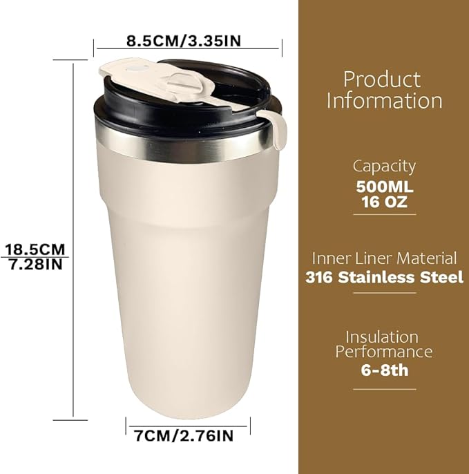 Travel Coffee Mugs Leak-Proof, Reusable Coffee Cups with Lids, Stainless Steel Vacuum Insulated Coffee Tumblers, Thermal Insulation Cups for Men and Women Hot & Cold Drinks(4th-White, 16OZ)