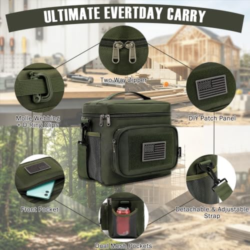 FlowFly Tactical Lunch Bag Large Insulated Lunch Box Cooler Tote for Men, Women with MOLLE/PALS Webbing (Army#Green, Medium)