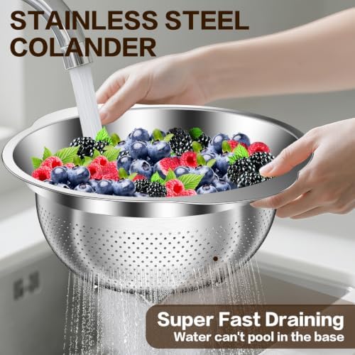 Large Strainers and Colanders, Big Stainless Steel Colanders for Kitchen, Stainless Steel Strainer Set of 3 (7 QT, 6 QT, 5 QT) for Draing Pasta Spaghetti Fruit Vegetable