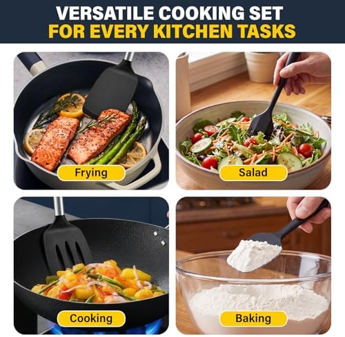 Silicone Spatula Set, Heat Resistant Solid & Slotted Turner for Non-Stick Pans, BPA-Free Silicone Cooking Utensils, Flexible Spatula for Flipping Eggs, Burgers, Pancakes, Fish, Black, 4 PCS-A