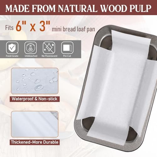 Webake 200Pcs Unbleached Parchment Paper Mini Loaf Pan Liners for 6x3 Small Banana Bread Pan, Original Precut, Non Toxic Baking Papers
