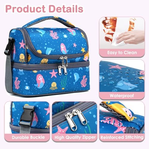 FlowFly Double Decker Cooler Insulated Lunch Bag Large Tote for Boys, Girls, Men, Women, With Adjustable Strap (Blue-Mermaid)