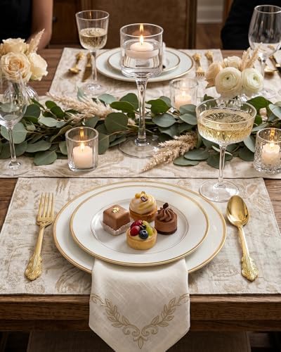 BUCLA 200 Piece Gold Plastic Silverware - Baroque Style Gold Plastic Forks and Spoons - 100 Forks and 100 Spoons for Weddings, Parties & Thanksgiving