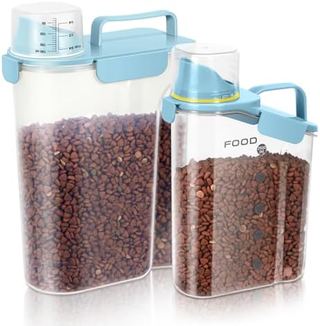 LEAWALK Dog Food Storage Container, Upgraded Large Nozzle BPA-free, 3+5 LBS Plastic Pet Food Storage Containers, With 4 Sealed Clasps, 1 Measuring Cup and Handle (Bright blue)