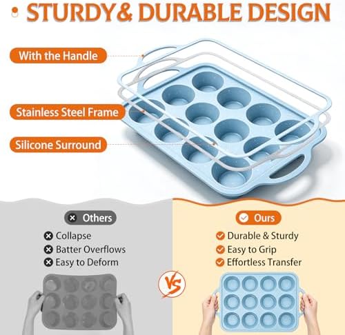 Silicone Muffin Pan, Metal Frame Regular Cupcake Pan Silicone Molds 12 Cups