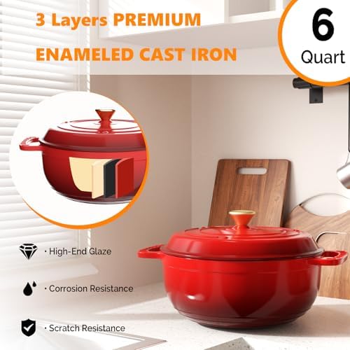 Bonnlo 6QT Round Dutch Oven, Enameled Cast Iron Dutch Oven Pot with Lid & Dual Handles, Oven Safe Up to 500° F, for Sourdough, Bread Baking, Stews and Roasting (Red)