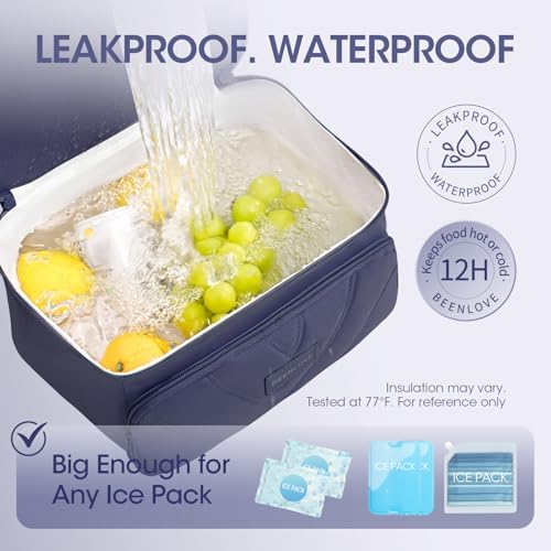 Double Decker Lunch Bag Women Men With Cup Holder, Navy Blue