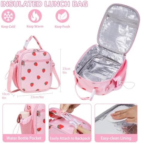 Kids Bento Box with Food Jar, Water Bottle, Lunch Bag, Strawberry