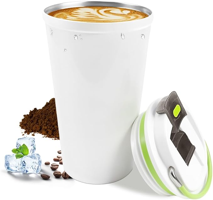 Travel coffee mugs leak-proof, reusable coffee cup with lid, stainless steel vacuum insulated coffee tumblers, thermal insulation cups for men & women keep drinks hot & cold (6th-White, 12OZ)