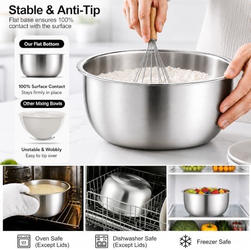 E-far Mixing Bowls with Lids Set of 5, Stainless Steel Nesting Salad Bowls
