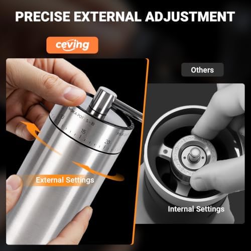 CEVING Mini Manual Coffee Grinder With 40 Adjustable Settings, Silver