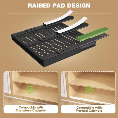 Seinloes Pull Out Cabinet Organizer, 4-Side Expandable to Fit Most Cabinets, 3 Rail Slide Out Drawers with Raising Pad for Framed & Frameless Cabinets, 13"-21" W x 17"-24" D, Black, 4 Pack