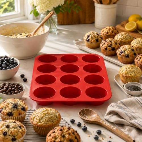 Mrs. Anderson's Baking Silicone 12-Cup Muffin Pan Baking Mold, BPA Free, Non-Stick European-Grade Silicone, 13.5 x 10 x 1.25-Inches