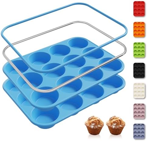 2 Pack 12 Cups Silicone Muffin Pan with Metal Reinforced Frame Regular Size Silicone Molds Cupcake Cake Baking Pans Cookie Baking Chocoflan Cupcake Mold Muffin Tin Tart Pans Necessities Cookware