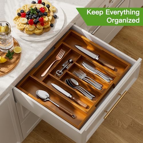 Pipishell Bamboo Expandable Drawer Organizer for Utensils Holder, Adjustable Silverware Organizer Cutlery Tray, Drawer Dividers for Utensils, Flatware, Knives in Kitchen, Bedroom, Living Room Brown