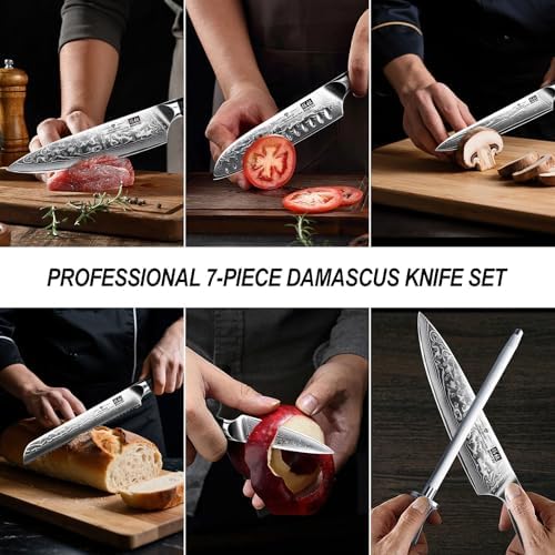 SHAN ZU Damascus Kitchen Knife Set, 7 Pcs Professional Knife Sets for Chefs
