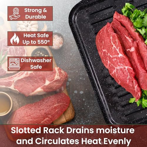 Broiler Pan for Oven Nonstick 16.75” x 13” Porcelain Nonstick Coated - Broiling Pan for Oven Withstands Heat up to 550° F - Heavy Duty Broil Pans and Rack Circulates Heat and Drains Fat (Speckled)