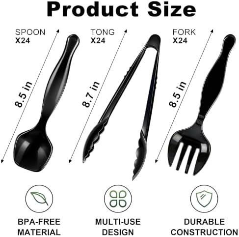 72Pcs Disposable Plastic Serving Utensils Set, 24 Black Spoons, 24 Forks, 24 Tongs, 9-Inch for Party Buffet Catering Events, Heavy Duty and Ergonomic Design (72, Black)