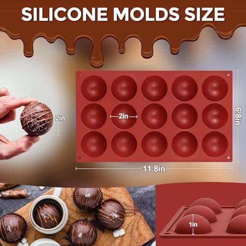 Medium 15-Cavity Semi Sphere Silicone Molds Non-Stick,2 Packs 2"Half Sphere Silicone Baking Molds for Making Jelly, Cake, Chocolates Bombs