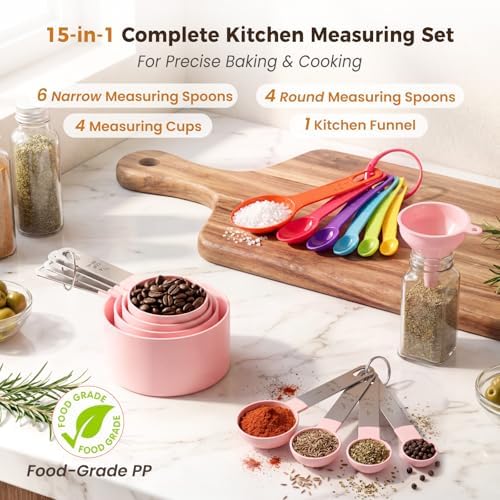 THLHKD 15 Pcs Measuring Cups and Spoons Set, Measuring Spoons Set with Stainless Steel Handles, Measure Spoon and Cup for Liquid & Dry Ingredients, Cute Pink & Colorful