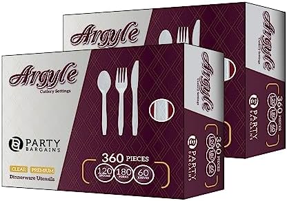 PARTY BARGAINS Argyle White Plastic Cutlery Set 720 -Piece – 360 Forks, 240 Spoons, 120 Knives – Heavy-Duty Disposable Utensils for Parties, Weddings, Buffets, BBQs & Catering – BPA Free