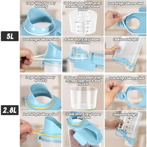 LEAWALK Dog Food Storage Container, Upgraded Large Nozzle BPA-free, 3+5 LBS Plastic Pet Food Storage Containers, With 4 Sealed Clasps, 1 Measuring Cup and Handle (Bright blue)