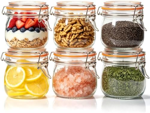 Small Glass Storage Jars with Airtight Lids Wide Mouth 17 oz 6 Pack