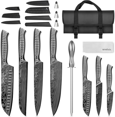 MOSFiATA Kitchen Knife Set, 12Pcs Japanese Stainless Steel Knife Sets for Kitchen with Oxford cloth storage bag with Knife Sharpening Rod, Dishwasher Safe, For Outdoor(grey)