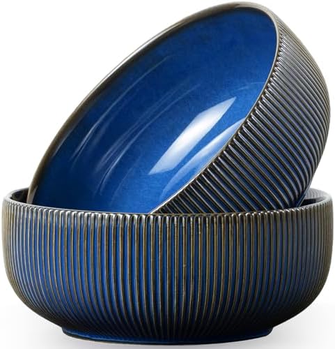 getstar Large Serving Bowls Ceramic Salad Bowl Set of 2, 8 Inch & 60 fl oz, Microwave and Dishwasher Safe, Farmhouse Kitchen Decorative Bowls Set, Embossed Stripes, Vintage Blue