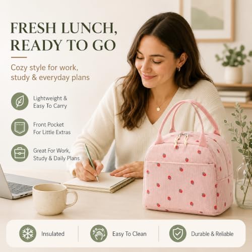 Bluboon Lunch Box for Women Cute Lunch Bag Reusable Insulated Lunch Bags Large Capacity Lunchbox Cooler for Work Picnic or Travel Gifts (Cute Pink Strawberry Black Dots, 10 x 7.5 x 8 inches)