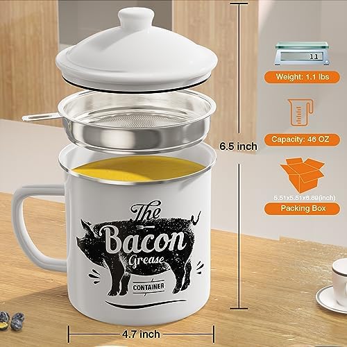 PGYARD Bacon Grease Container with Strainer-46OZ Enamel Keeper with Spatula