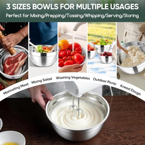 Herogo Stainless Steel Mixing Bowls with Lids Set of 3, 1.5/3/4.6Qt, Khaki