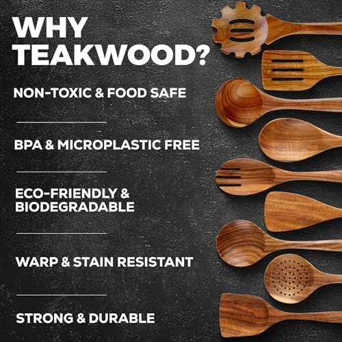 Zulay Kitchen 30-Piece Teak Wooden Utensils - Natural Teak Cooking Utensils with Premium Gift Box - Non-Stick Wooden Spoons - Kitchen Gift Set - Comfortable Grip