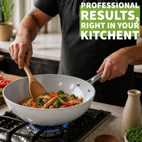 TECHEF - CeraTerra 12" Ceramic Nonstick Wok/Stir-Fry Pan with Glass Lid, (PTFE and PFOA Free Ceramic Exterior & Interior), Made in Korea (12-in with lid)