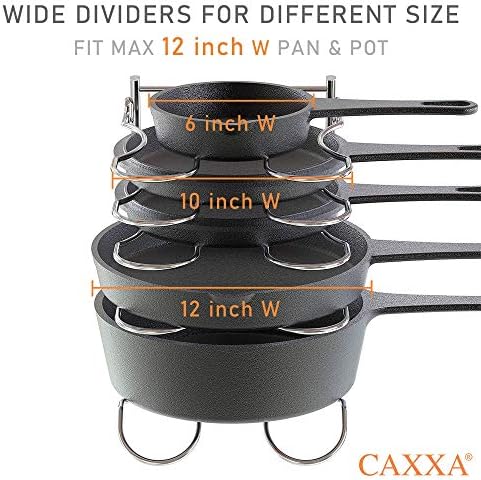 CAXXA Heavy Duty Pan Rack, Pot Lid Rack, Kitchen Cabinet Pantry Cookware Organizer Rack Holder with 5 Adjustable Dividers, Chrome (Pack of 2)