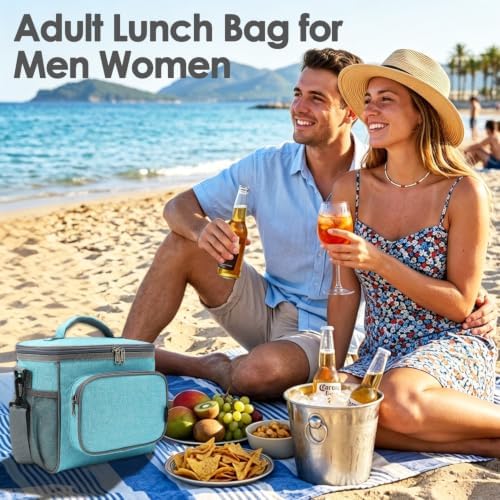 FlowFly Insulated Reusable Lunch Bag Adult Large Lunch Box for Women and Men with Adjustable Shoulder Strap,Front Zipper Pocket and Dual Large Mesh Side Pockets,SeaBlue