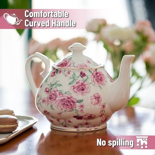BTaT- Tea Pot, Teapot, Porcelain Teapot, 38 oz, Floral Teapot, Bone China Teapot for Tea Set, Ceramic Tea Kettle, Tea Pots for Tea Cup, Tea Pot Ceramic, Tea Pots for Loose Tea