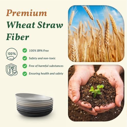 Homienly Deep Dinner Plates Set of 8 Alternative for Plastic Microwave and Dishwasher Safe Wheat Straw Kitchen Unbreakable Kids with 4 Colors (Stone Grey, 8 inch),(Deep plates-8)