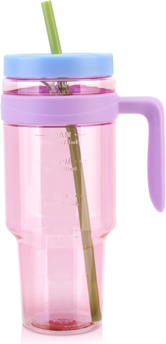 50oz Tritan Plastic Tumbler with Handle and Straw | Leak-Proof Cup with Time Marker | Reusable BPA-Free Clear Water Bottle | Wide Mouth | Gifts for Women Men Her Him