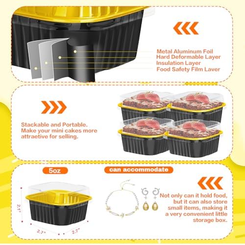 60Pack 5oz Black&Gold Mini Cake Pans with Lids, Spoons and Stickers Baking Cups Aluminum Foil Pans Tins, Individual Dessert Cups Containers for Sales,Party,Picnics