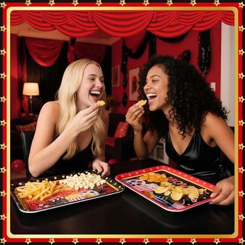 Vesici 4 Pack Movie Night Melamine Serving Trays, 13 x 10 Inch Rectangular Cinema Snack Platters with Popcorn & Film Designs, Durable Serving Plates for Home Theater, Parties & Appetizers