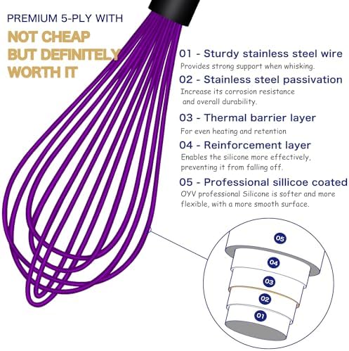 OYV Silicone Whisk Set of 3, 8/10/12 Inch, Dishwasher Safe,Red/Purple/Green