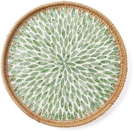 Round Rattan Tray with Mother of Pearl Inlay, Wooden Base